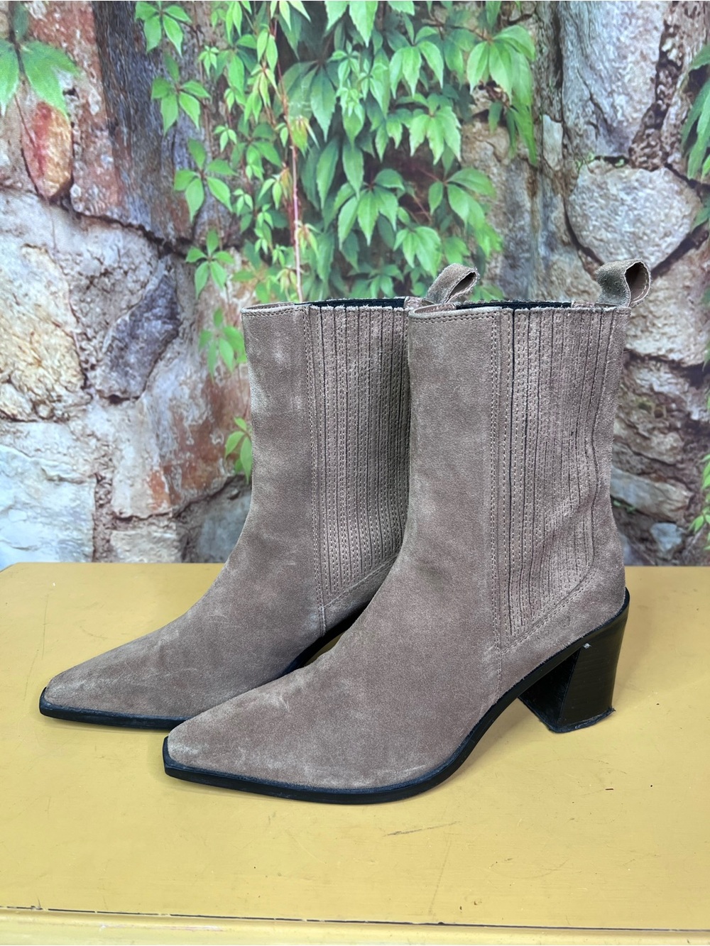 ZARA Coastal Cowgirl Western Bohohemian Taupe Suede Block Heel Boots, 38 - Picture 3 of 15